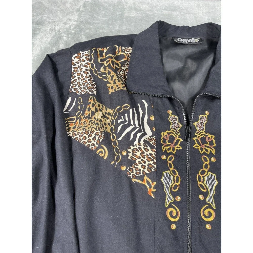VTG Gepetto Jacket Animal Print Embroidered Gold Zebra Leopard Full Zip XL